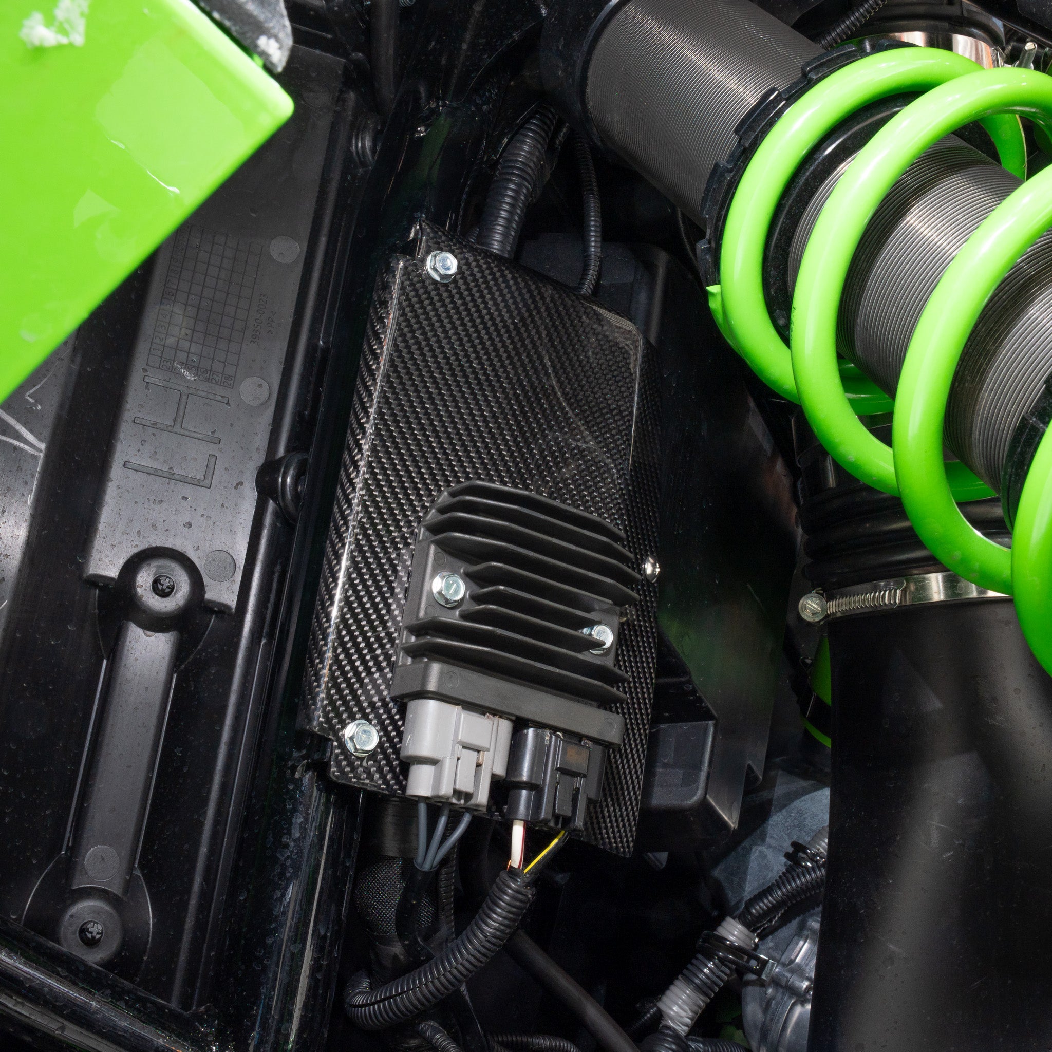 RPM Kawasaki H2 Carbon Fiber Regulator Rectifier Cover Installed on Vehicle